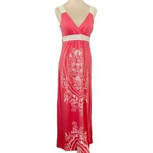 Zealous Maxi Dress Tag L (Fit Medium) Coral Pink Embroidered Summer Resort Boho